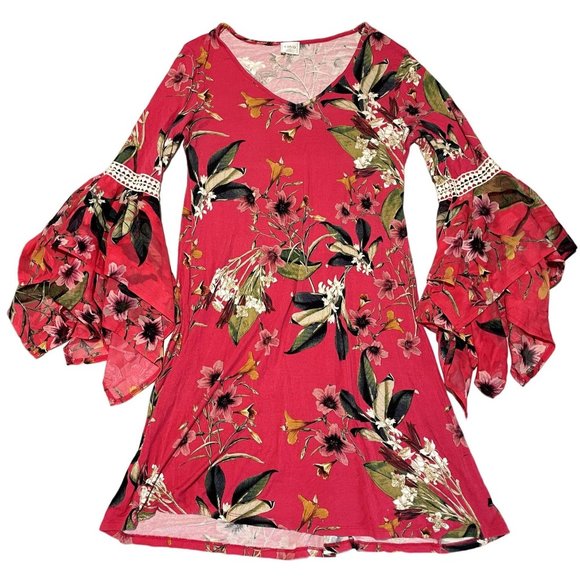 CUPIO Pink Floral Flutter Bell Sleeve Knit Dress SIZE MEDIUM‎ | T1 - Picture 1 of 8